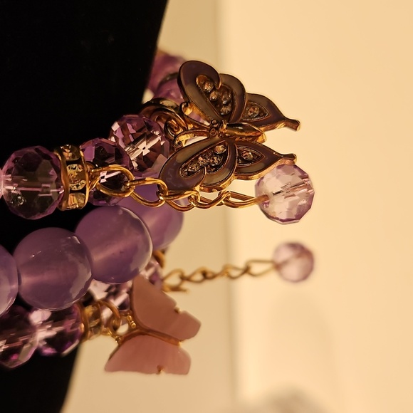 3 Purple Glass, Crystal & Rhinestone Beaded Stretch Bracelet Set with Charms - Picture 3 of 7